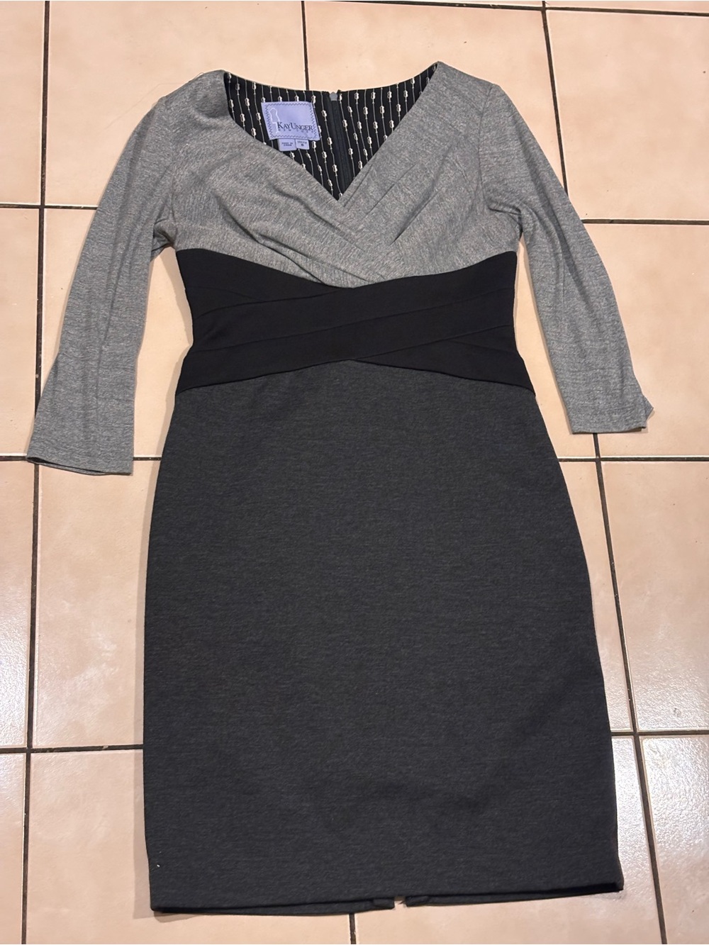 Kay Unger Grey and Black Wrap-Style Sheath Dress